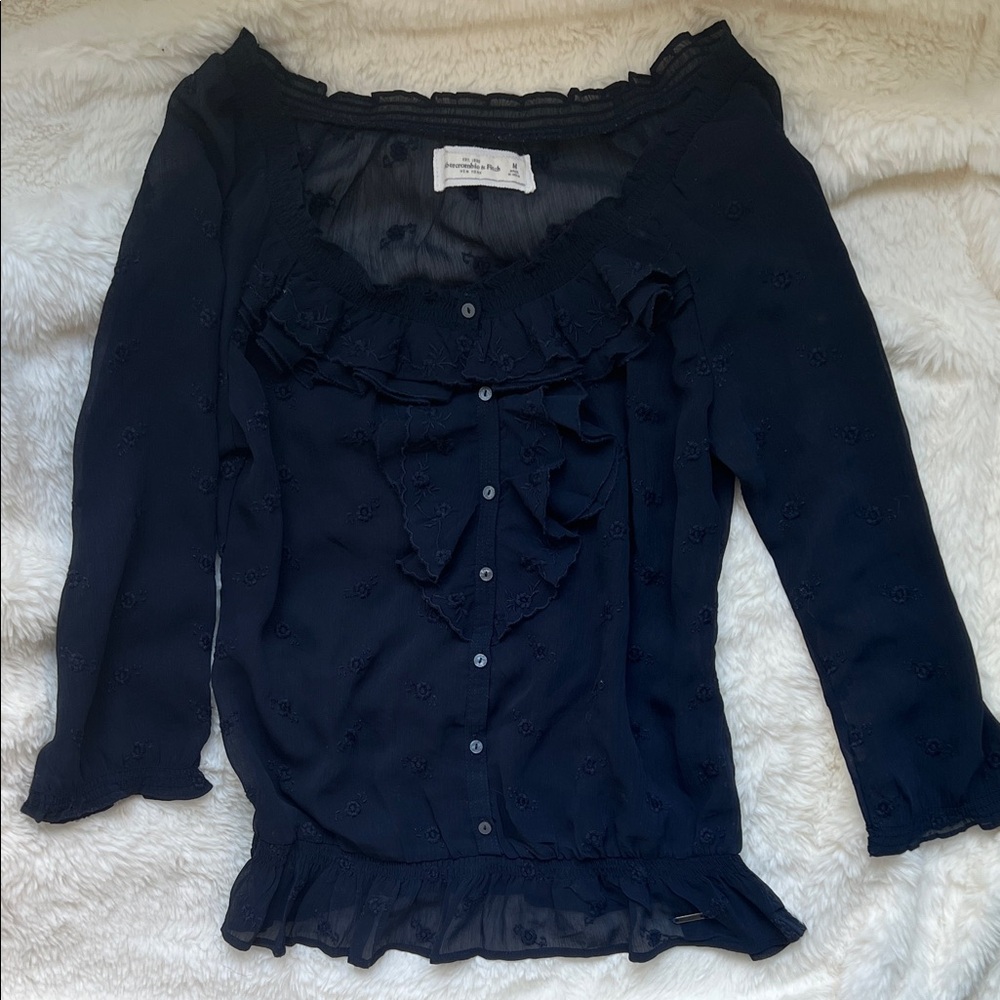 Abercrombie & Fitch Sheer Floral Embroidered Navy Ruffle Blouse